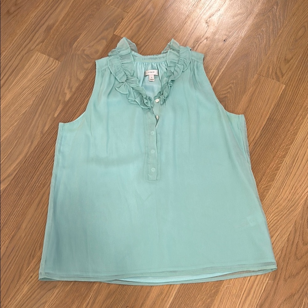 JCrew Green Sleeveless Ruffled Bib Collar Blouse